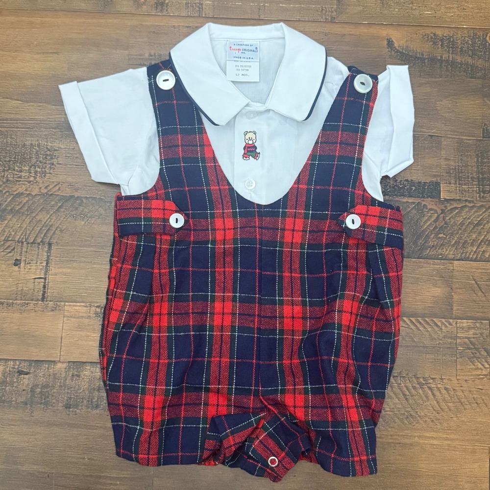 Imp Originals Vintage Baby Boys Plaid Romper and Shirt Set Red Navy 12M USA